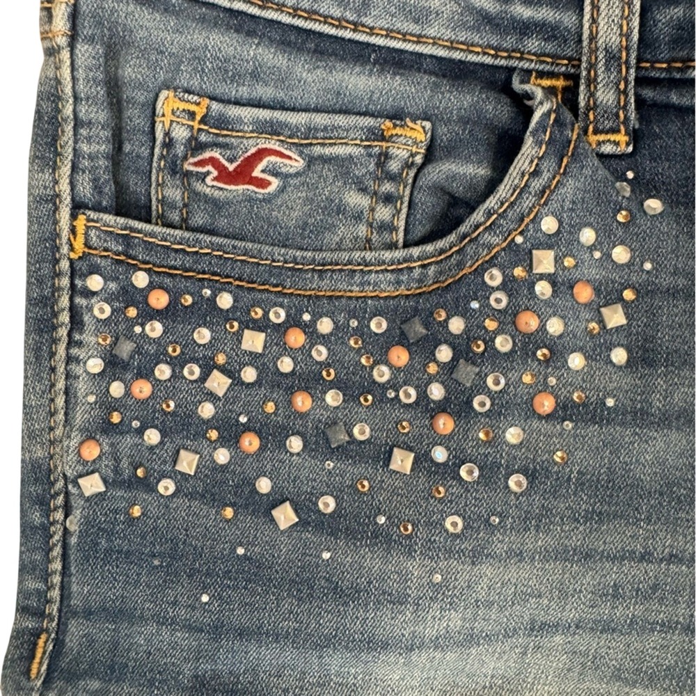 Y2K Hollister Jeans Women's 7 Rhinestone Crystal Studded Bling Pocket Skinny